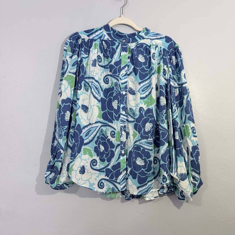 Nicole Miller Blue Floral Paisley Button Up Boho Peasant Blouse Top size M